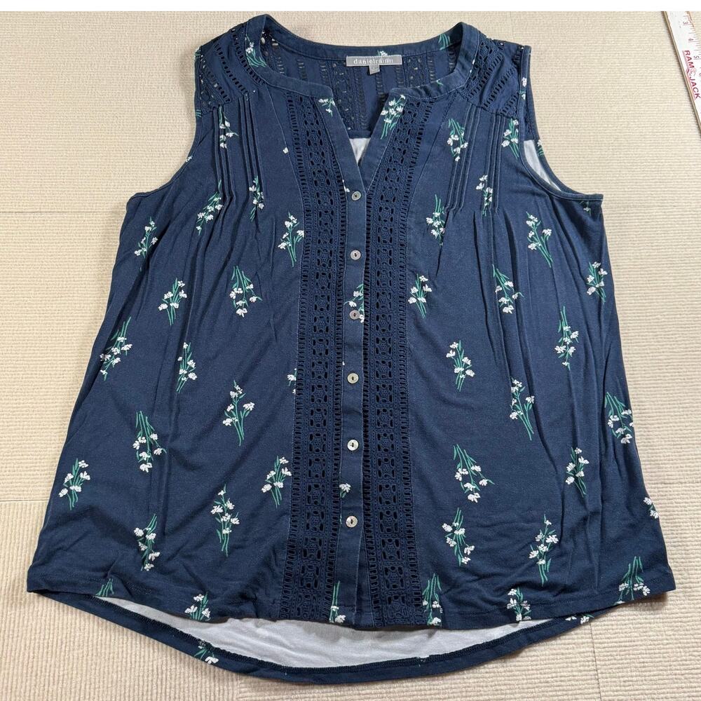 Daniel Rainn Womens L Crochet Lace Blouse Cottagecore Floral Eyelet Slate Blue